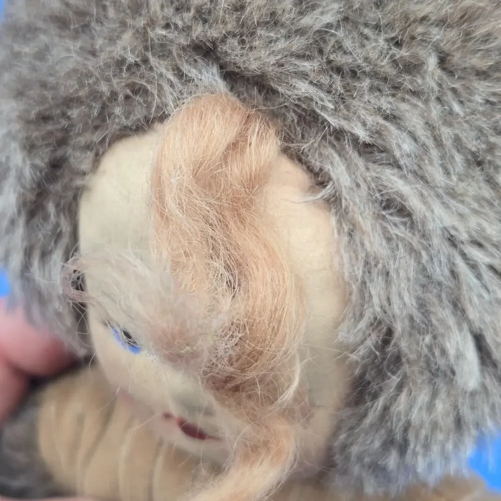 Antique Child’s Hand Muff Doll 12” Fur Trim Cloth Face Winter Muff Needs TLC
